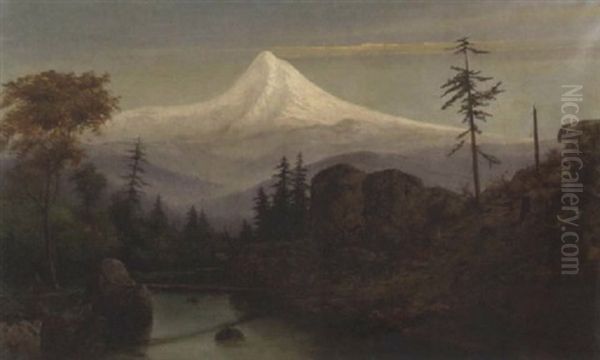 A River Landscape With Mount Hood In The Distance Oil Painting by Harry Cassie Best