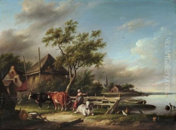 Bauernfamilie Beim Melken Des Viehs Oil Painting by Albertus Jacobus Besters