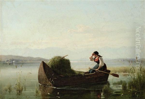 Heuboot Mit Jungem Dirndl Oil Painting by Hermann Bethke