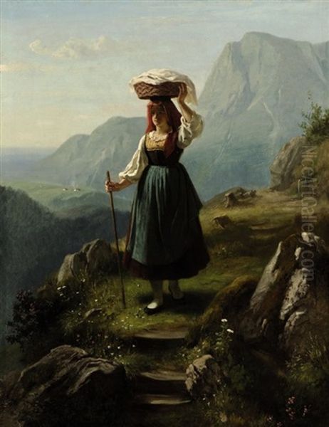 Junge Bauerin Mit Korb Auf Einem Gebirgspfad Oil Painting by Hermann Bethke