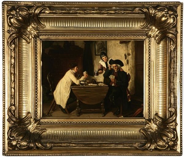 Card Players And Barmaid In An Interior Oil Painting by Hermann Bethke