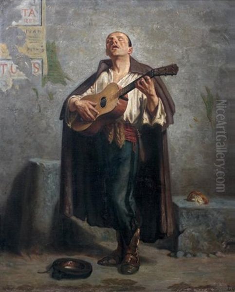 Le Guitariste De Rue Oil Painting by Emile Betsellere