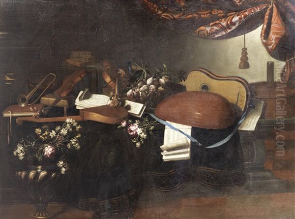 An Armillary Sphere, A Trumpet, Books, A Lute, A Violin, A Guitar And Musical Notebooks, Fruit And Flowers In An Urn On A Stone Ledge Before A Damask Curtain Oil Painting by Bartolomeo Bettera