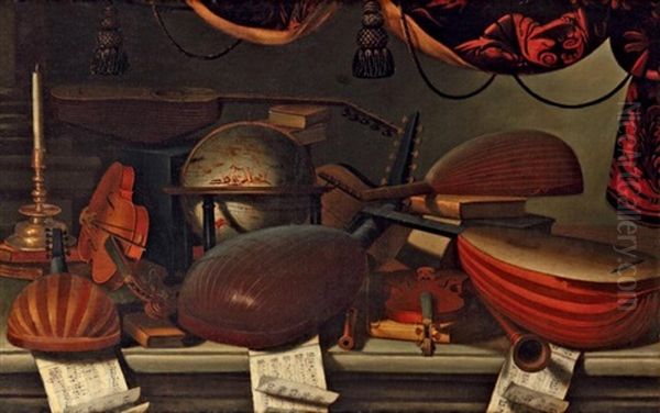 Nature Morte A La Mappemonde, Avec Un Violon, Des Mandolines, Et Des Partitions De Musique Sur Un Entablement De Pierre Oil Painting by Bartolomeo Bettera