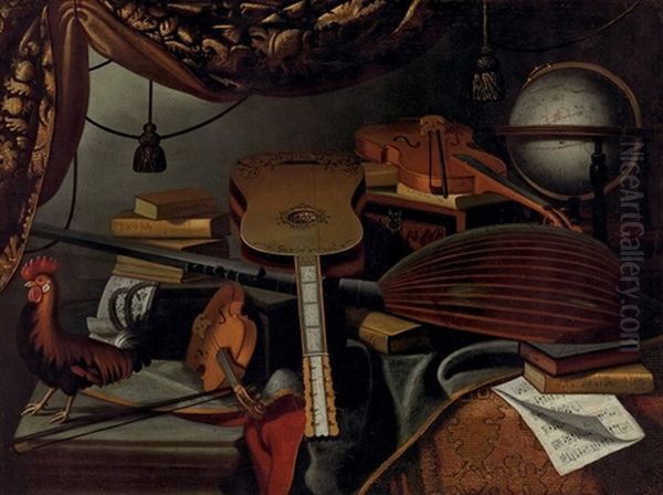 Musical Instruments, Books, Music Scores, A Globe And A Rooster On A Table Draped With A Carpet Oil Painting by Bartolomeo Bettera