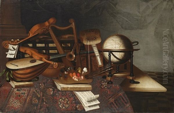 A Painter's Palette And Brushes, Musical Instruments, Books, Including Volumes Of Plato And Tasso Oil Painting by Bartolomeo Bettera