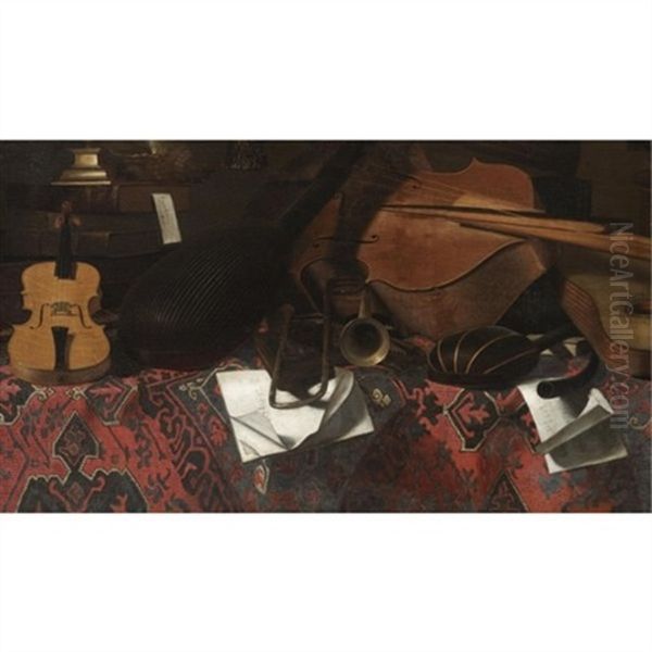 A Still Life With Musical Instruments, Including A Violin, A Double Bass, A Trombone And A Lute, Arranged On A Tabletop Draped With A Textured Carpet Oil Painting by Bartolomeo Bettera