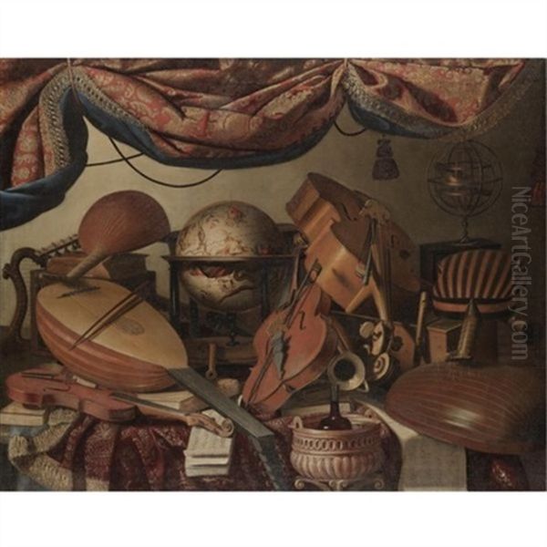 A Still Life With Musical Instruments Including A Viola, A Violin, A Cello And A Selection Of Lutes, Along With A Globe And Tomes Of Classical Literature by Bartolomeo Bettera