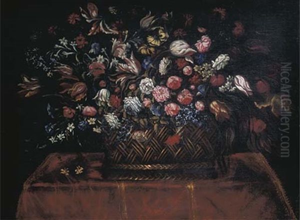 A Wicker Basket With Tulips, Daisies, Anemones, Pink Carnations And Other Flowers, On A Draped Table Oil Painting by Bartolomeo Bettera