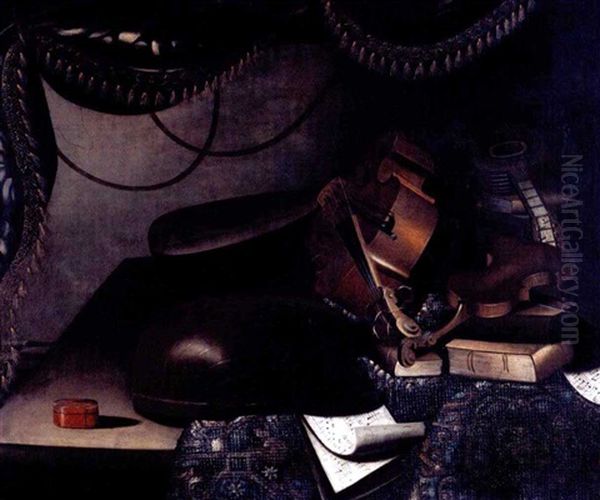 Still Life Of Musical Instruments, Books And Sheet-music, All On A Table Partly Draped With A Carpet Oil Painting by Bartolomeo Bettera