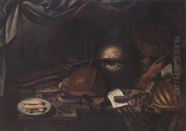 Lutes, A Guitar, A Viol, Violin, A Celestial Globe, A Plate Of Savoiardi, Coins And A Musical Manuscript, On A Marble Table With A Turkish Rug Oil Painting by Bartolomeo Bettera