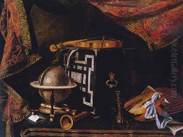 Still Life With Musical Instruments And A Globe On A Table With A Drape Behind Oil Painting by Bartolomeo Bettera