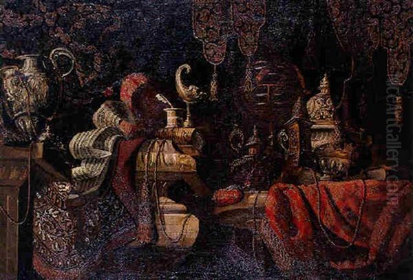 Nature Morte Aux Pieces D'orfeverie, Partition De Musique Et Etoffes Somptueuses Oil Painting by Bartolomeo Bettera