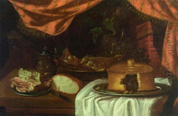 A Stoneware Ewer And Various Foods On A Partially Draped Table Oil Painting by Bartolomeo Bettera