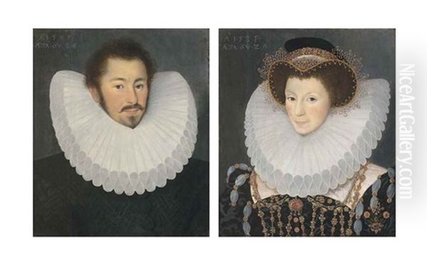 Portrait Of A Gentleman, Bust-length, In A Black Doublet And Cartwheel Ruff; And Portrait Of A Noblewoman, Bust-length, In A Black Jewelled Brocade Gown And Figure-of-eight Ruff Oil Painting by John Bettes the Younger