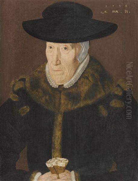 Portrait Of A Lady, Half Length Wearing A Fur Lined Coat And Black Hat Oil Painting by John Bettes the Younger