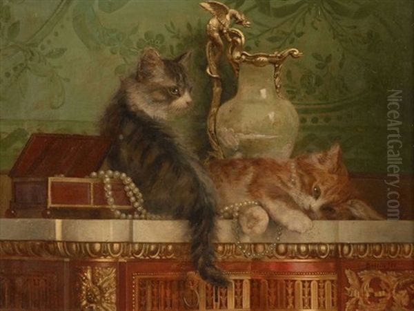 Deux Chatons Jouant Avec Un Collier De Perles Oil Painting by Gustave Bettinger