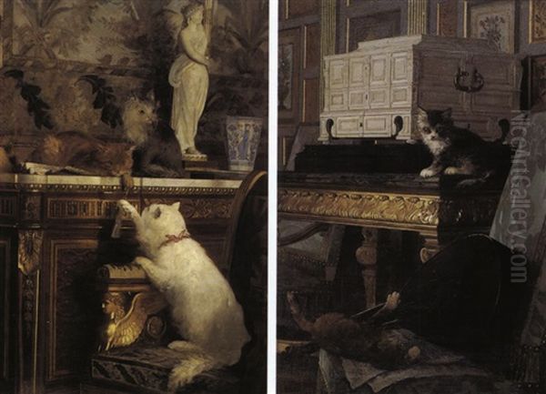 Les Jeux Des Chats (pair) Oil Painting by Gustave Bettinger