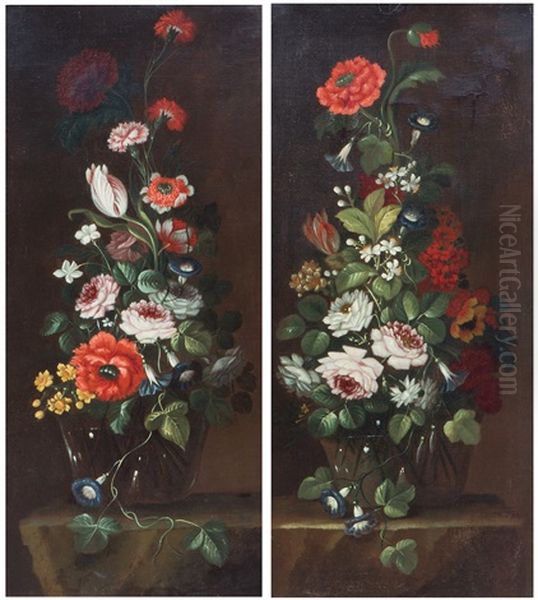 A Still Life Of Flowers In A Glass Vase, A Pair Oil Painting by Domenico Bettini