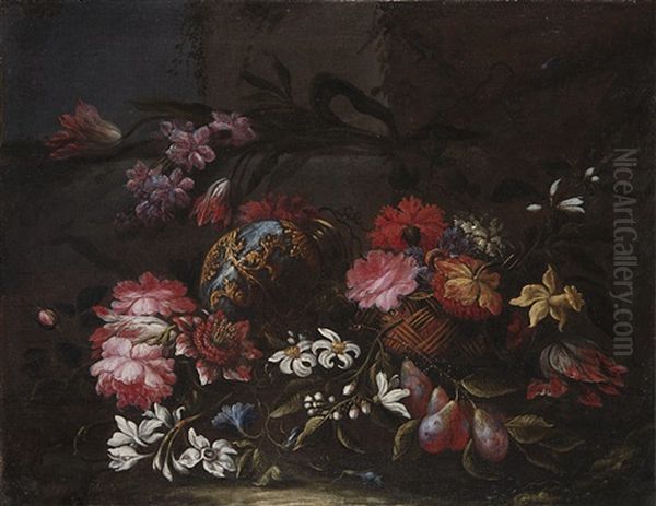 Composizione Di Fiori E Frutta Con Vaso E Cesto Di Vimini Oil Painting by Domenico Bettini