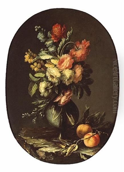 A Still Life Of Flowers In A Vase Along With Two Peaches On A Ledge (+ Another; Pair) Oil Painting by Domenico Bettini