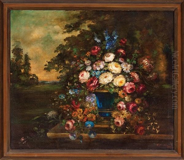 Still Life Of Mixed Bouquet With Roses In An Urn Oil Painting by Virginia Betts