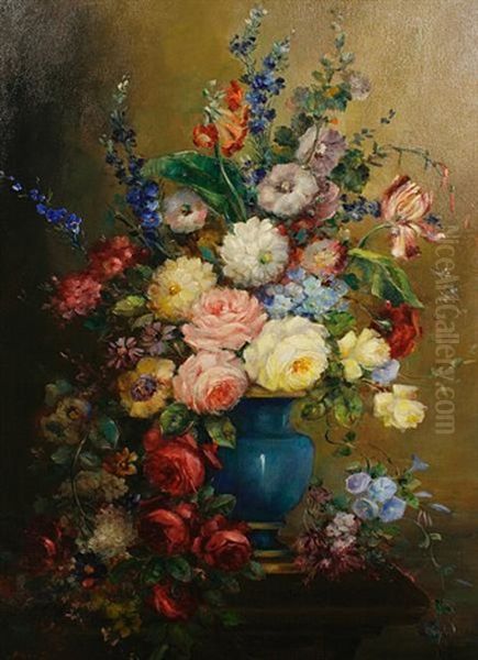 Still Life Of Mixed Flowers In A Blue Vase Oil Painting by Virginia Betts