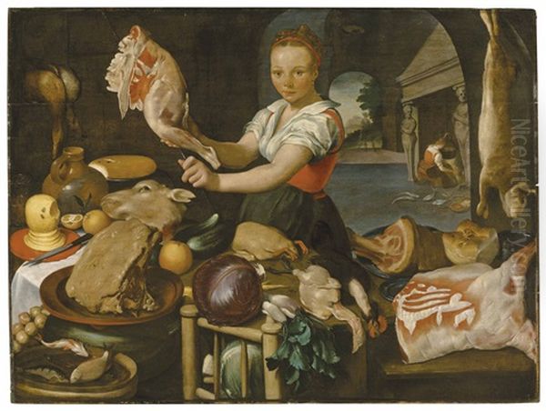 A Kitchen Scene With A Maid Preparing A Joint At A Table Laden With Meat, Fruit And Vegetables, A Landscape Beyond Oil Painting by Joachim Beuckelaer