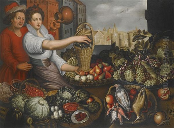 A Market Stall Of Fruit, Vegetables And Game, With A Man Holding A Jug And A Maid Holding A Basket Oil Painting by Joachim Beuckelaer