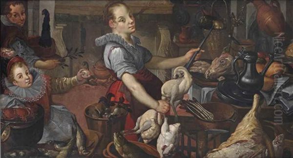 A Kitchen Scene With A Girl And Two Boys Cooking Ducks Oil Painting by Joachim Beuckelaer