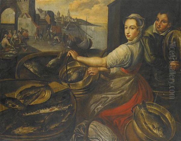 Fish Market Scene With A Man And Woman Sorting Their Display Of Fish And Eel, More Figures Unloading A Boat Moored Beside The Quay Oil Painting by Joachim Beuckelaer