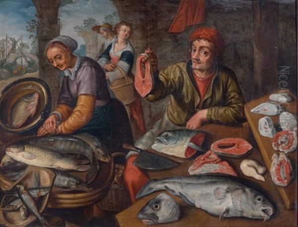 Couple De Marchands De Poissons Derriere Leur Etal Oil Painting by Joachim Beuckelaer