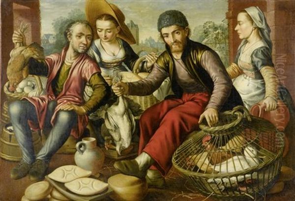 Zwei Bauernpaare Mit Vogelvieh Auf Einem Markt Oil Painting by Joachim Beuckelaer