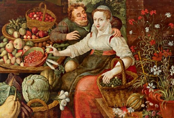 Eine Marktszene Mit Einer Obst- Und Gemusehandlerin Und Einem Sie Umarmenden Mann Oil Painting by Joachim Beuckelaer