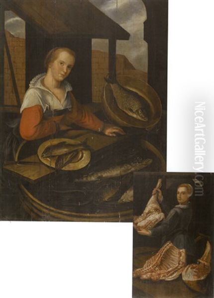 At The Fish Monger (+ At The Butcher; Pair) Oil Painting by Joachim Beuckelaer