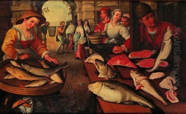 Une Marchande De Poissons Devant Son Etal Oil Painting by Joachim Beuckelaer