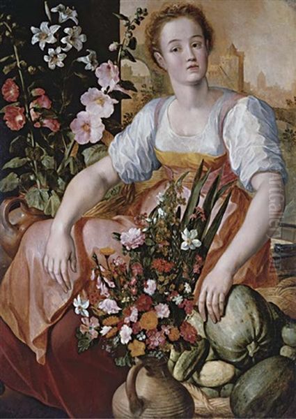 A Market Woman With Flowers And Vegetables Oil Painting by Joachim Beuckelaer