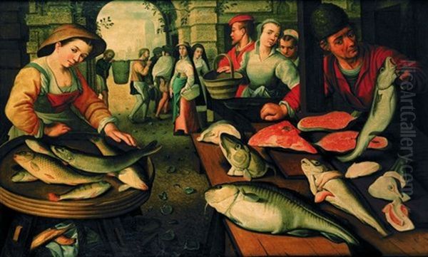 Une Marchande De Poissons Devant Son Etal Oil Painting by Joachim Beuckelaer