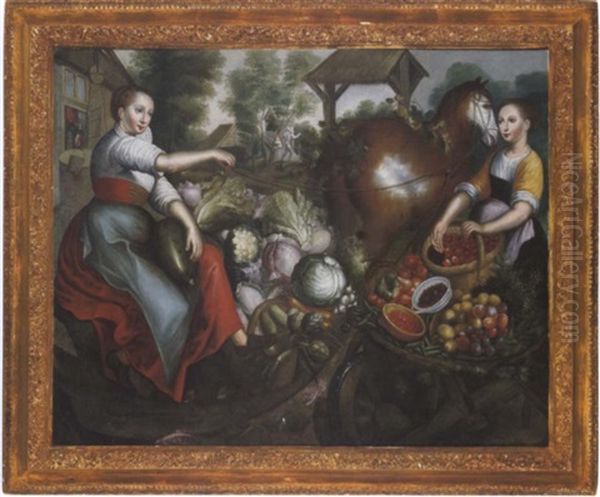 Zwei Marktfahrerinnen Mit Obst Und Gemuse Oil Painting by Joachim Beuckelaer