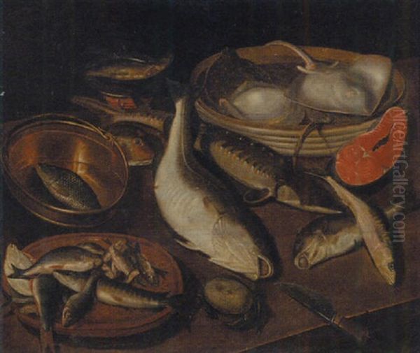 Turbot On A Wooden Dish, Crabs, A Salmon Steak, Haddock And Other Fish On A Strainer Oil Painting by Joachim Beuckelaer