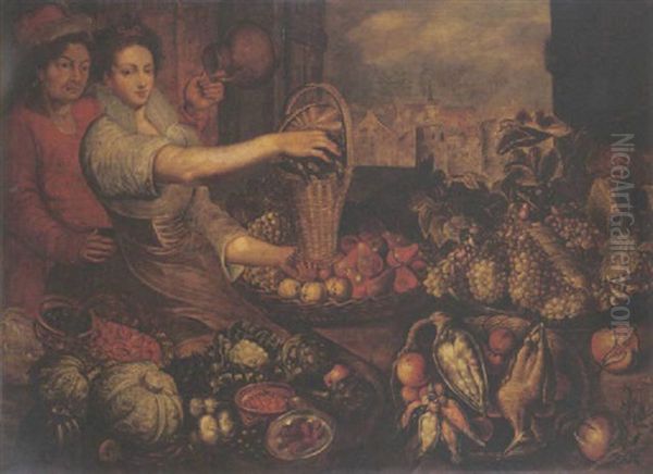 A Market Still Life With Grapes On A Pewter Plate, Pomegranates, Pears And Apples In A Baskets With Birds And A View Of A Town Through A Window Oil Painting by Joachim Beuckelaer