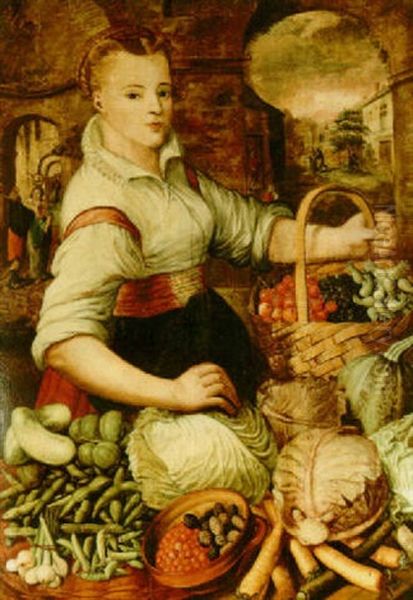 A Young Woman Selling Vegetables And Fruits In Baskets Oil Painting by Joachim Beuckelaer