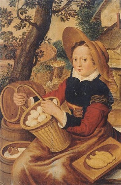 A Peasant Woman Offering Eggs, Butter And Milk At A Stall By A Farm Oil Painting by Joachim Beuckelaer