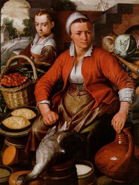 A Young Woman And A Girl With Poultry, Fruit And Vegetables Oil Painting by Joachim Beuckelaer