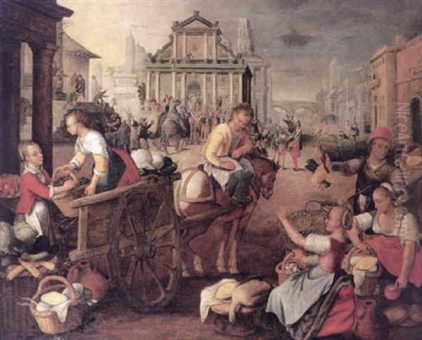 A Market Scene In A Town Square With The Mocking Of Christ In The Background Oil Painting by Joachim Beuckelaer