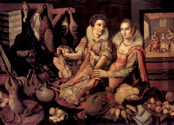 Christ In The House Of Martha And Mary, Two Maidens With A Kitchen Still Life In The Foreground Oil Painting by Joachim Beuckelaer