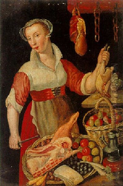 Young Woman In A Butcher's Shop Oil Painting by Joachim Beuckelaer