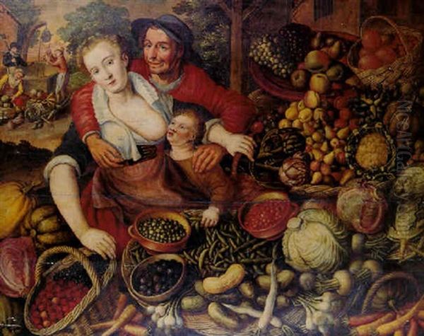 A Peasant Couple Standing By A Market Stall Laden With Fruits And Vegetables Oil Painting by Joachim Beuckelaer