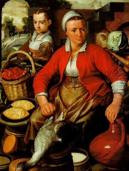 A Young Woman And A Girl With Poultry, Fruit And Vegetables Oil Painting by Joachim Beuckelaer