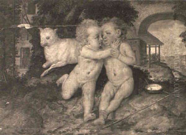 The Infant Christ And Saint John The Baptist Embracing In A Landscape Oil Painting by Joachim Beuckelaer